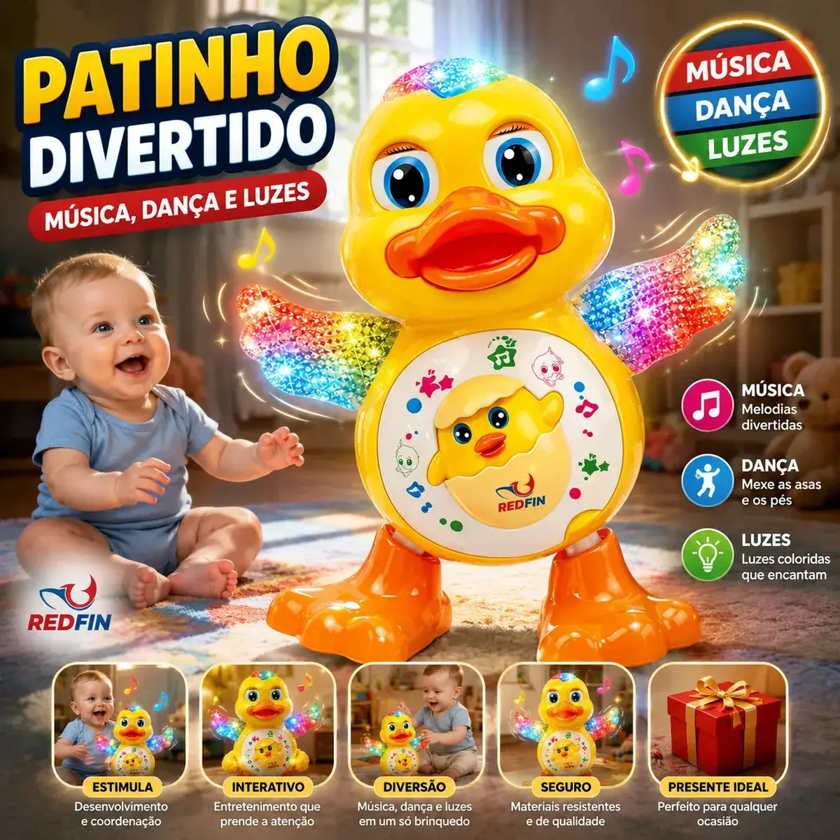 Patinho Dançarino Musical Som Luz Marca REDFIN Brinquedo Interativo Crianças Presente Infantil