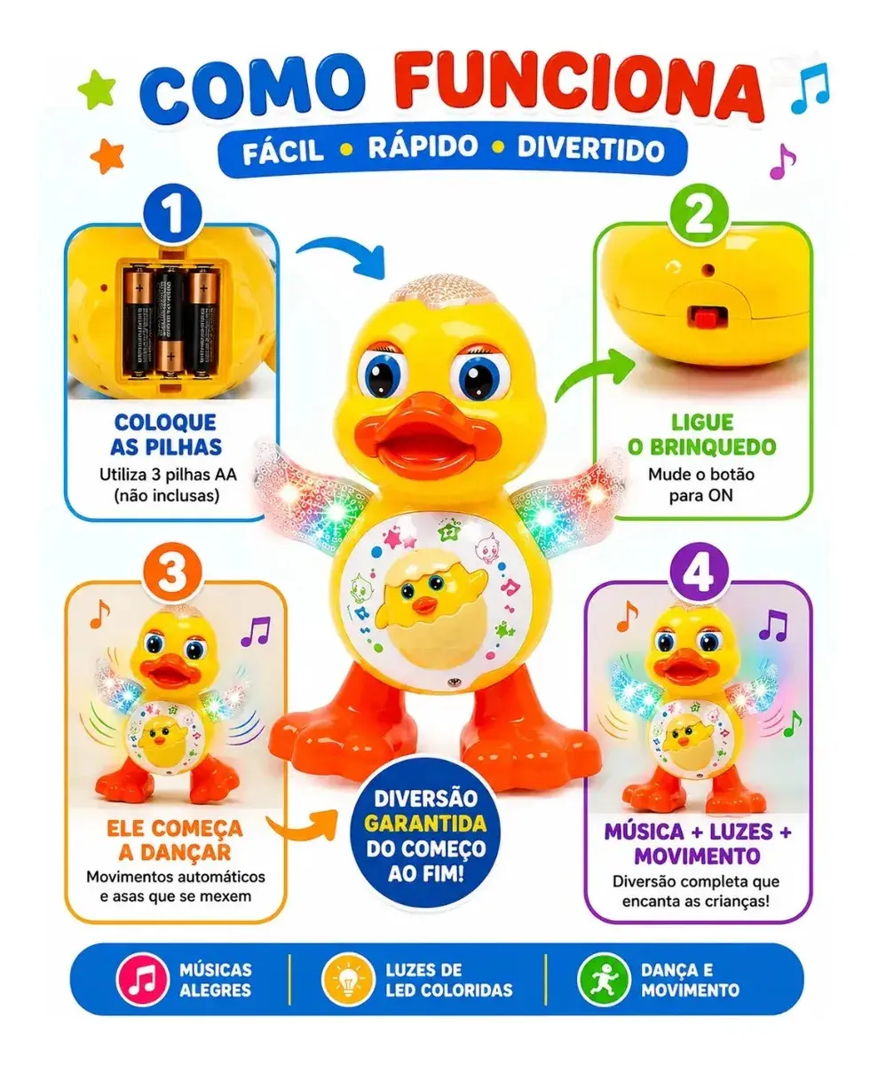 Patinho Dançarino Musical Som Luz Marca REDFIN Brinquedo Interativo Crianças Presente Infantil thumbnail 3