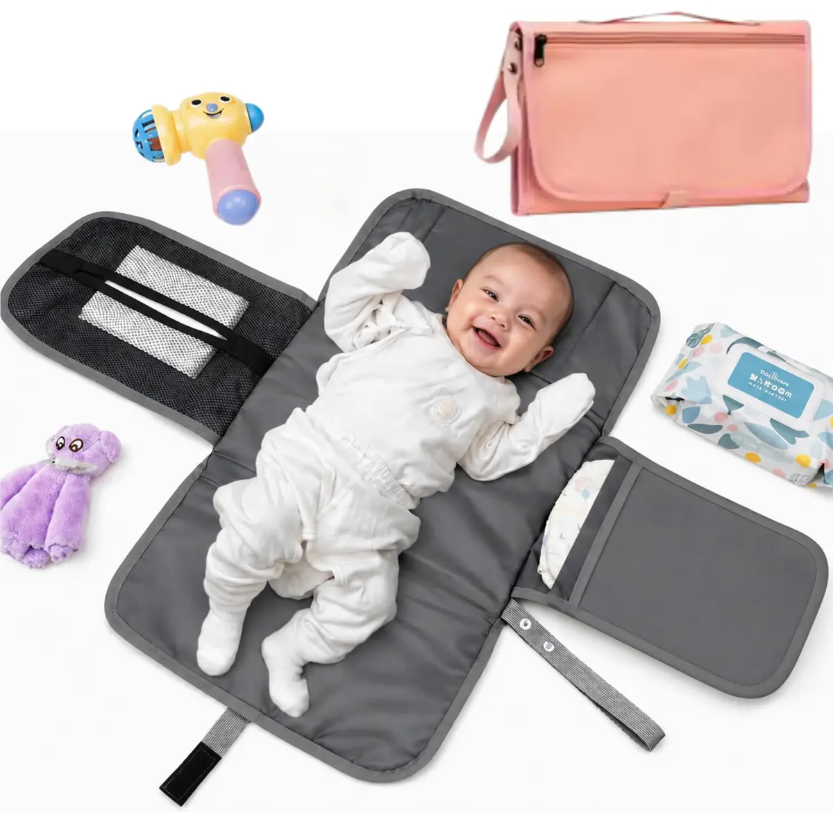 Trocador de Fraldas Portátil Premium Trocador Portátil para Meninas e Meninos Recém-nascidos de Bebê com bolso – Porta Fraldas Kit de Troca de Viagem à Prova d'água Textil (Rosa)