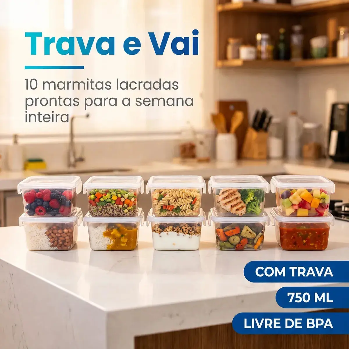 Kit 10 Potes 750ml com Tampa Trava Plástico Transparente para Mantimentos e Alimentos Marmita Organizador de Cozinha Geladeira e Freezer Jogo de Potes para Organização Ponte Lar Utilidades thumbnail 7