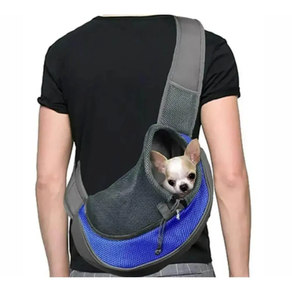 Bolsa Mochila Canguru Transversal para Transporte de Pet - Tecido Respirável, Alça Ajustável e Bolsos Laterais (Azul, Grande)