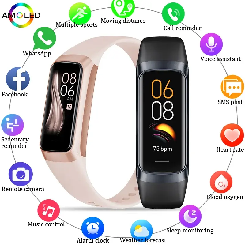 Relógio Inteligente LIGE AMOLED para Homens e Mulheres 2026, Pulseira Inteligente com Monitor de Frequência Cardíaca e Oxigênio no Sangue, à Prova d'Água, Rastreador de Fitness