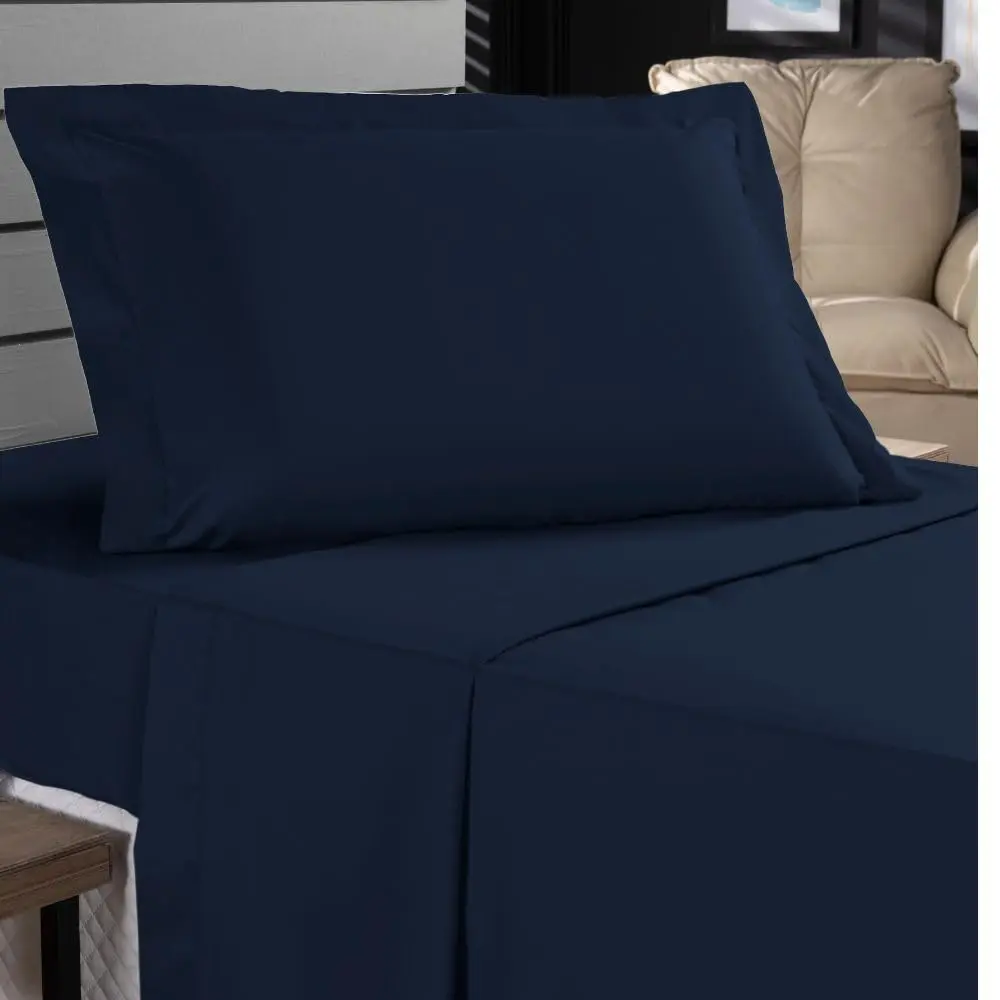 Jogo de Cama Solteiro 400 Fios Percal 03 Peças Com Lençol de Cima e Aba Americana, Antiácaro, Anti-pilling com Toque Macio (Azul Marinho, Solteiro) - 1