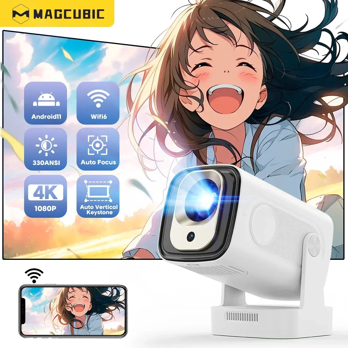 Magcubic foco automático 330 ansi hy310 projetor 4k suportado 1080p android 11 wifi6 bt5.4 air mouse controle de voz portátil casa