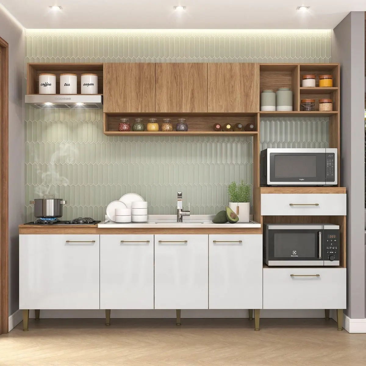 Cozinha Compacta Modulada 240x192cm 8 Portas 1 Gaveta Inova Yescasa Mel/Branco
