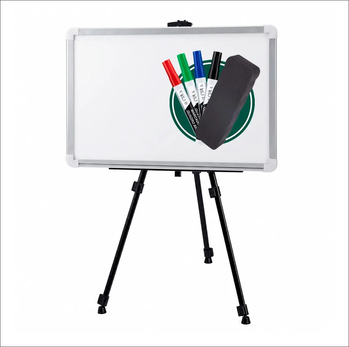 Kit Quadro Branco 100x70cm com Tripé Portátil 4 Canetas Coloridas e Apagador Superfície UV Antimancha para Escritório Escola e Uso Profissional