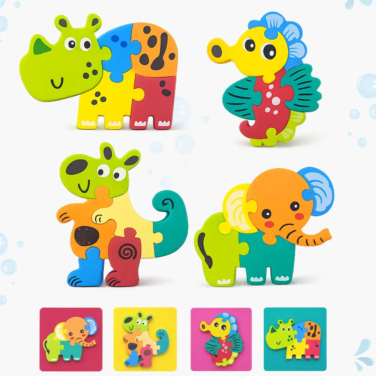 Quebra Cabeça para Banho Infantil EVA 4 Unidades Gruda na Parede Flutua na Água Brinquedo Banho Criança Interativo Educativo Montar Animais (Peq. - 4 UND)