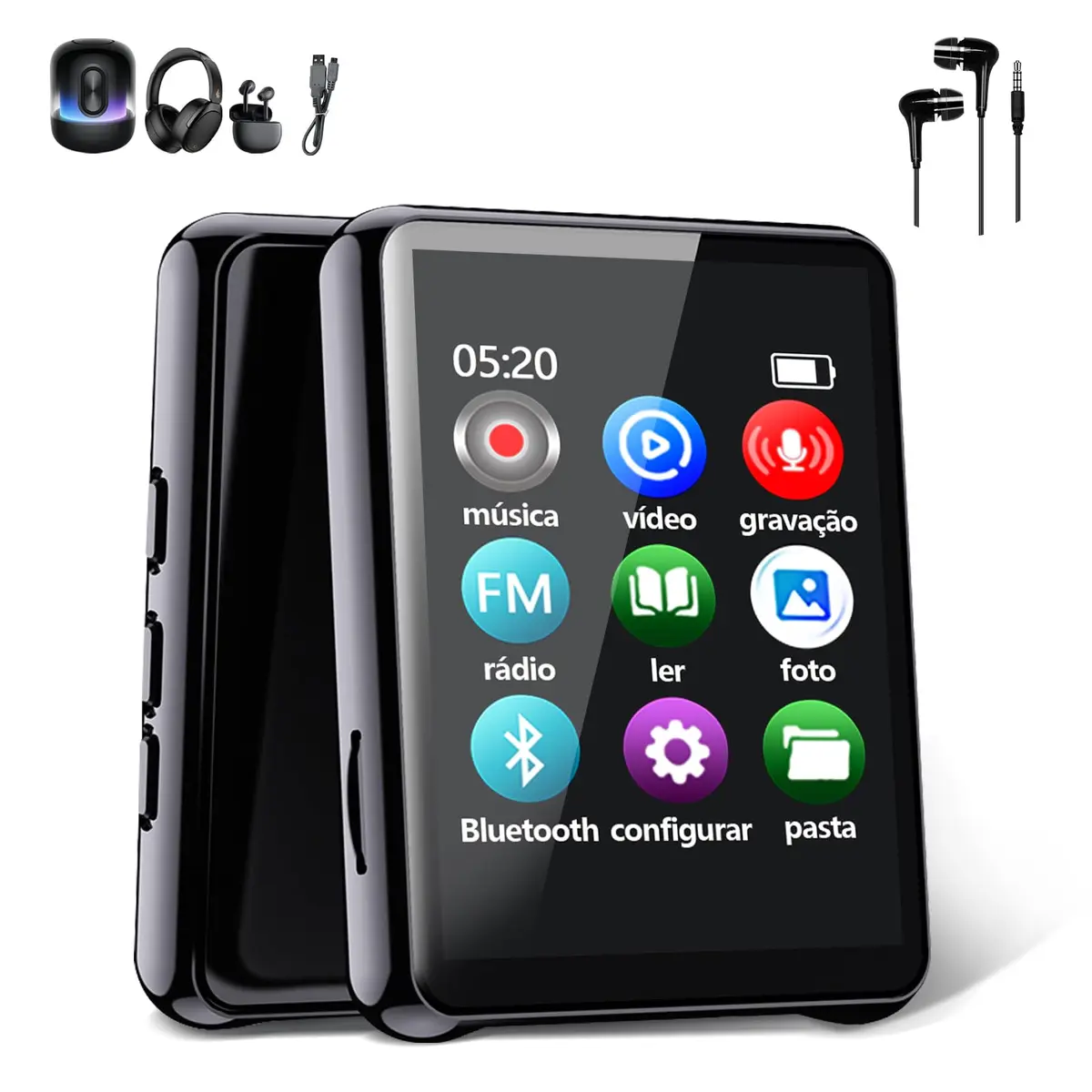 MP3 Player Bluetooth MP3 Multifuncional de Música com 1,8 Polegadas Tela Táctil, Alto-falante Embutido, Rádio FM, Gravação de Voz e Reprodução de Vídeo