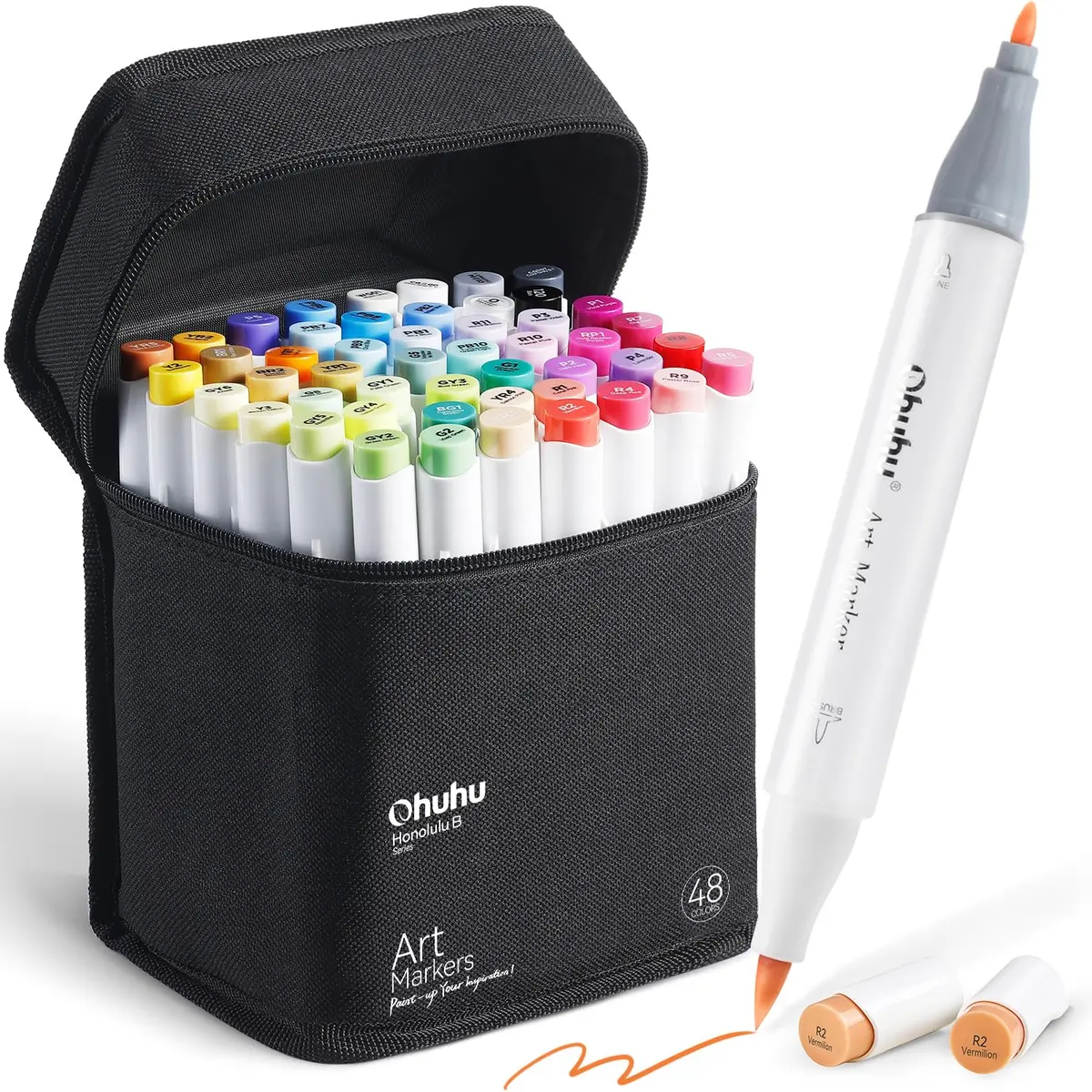 Ohuhu Canetas Marcadores de Álcool 48 Cores Dupla Ponta Pincel e Fina | Recarregável, atóxico AP, cores vibrantes, ideal para artistas e adultos - Honolulu B