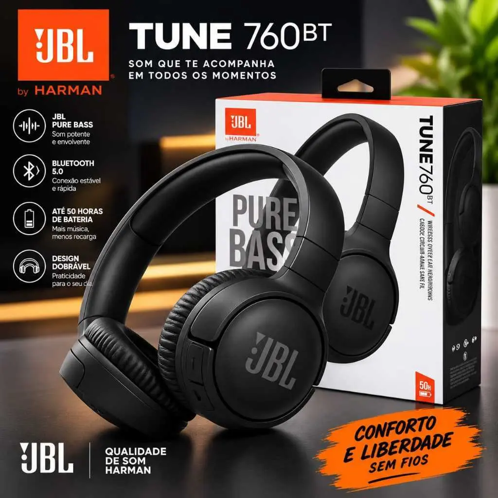 Fone de ouvido Wireless sem fio Bluetooth 760BT Microfone Pure Bass Cancelamento Ativo de Ruído Mp3 - 1