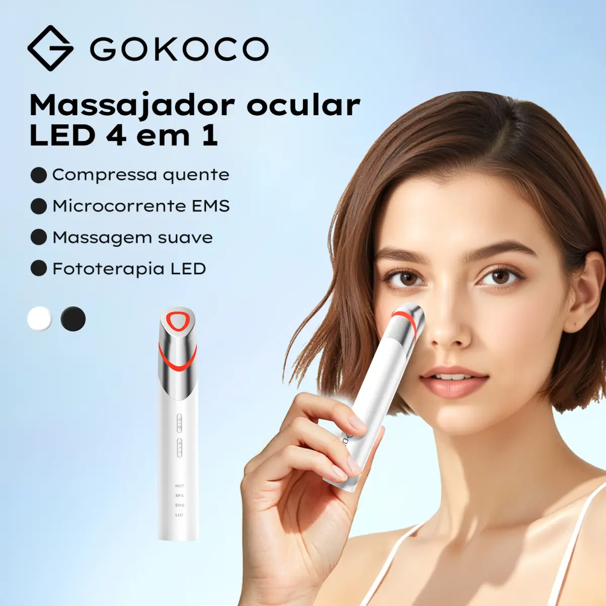 Dispositivo de Beleza para os Olhos 4 em 1 com Compressa Quente, Massageador Facial LED, Massageador para Área Periorbital, Olheiras e Cuidados Faciais