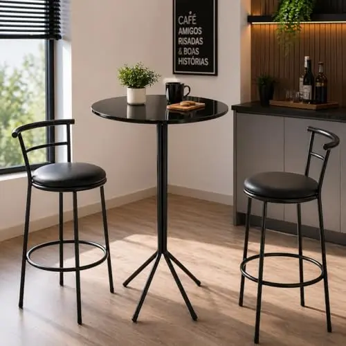 Mesa Bistrô Alta Redonda MDF e Aço para Cozinha(PRETO) |