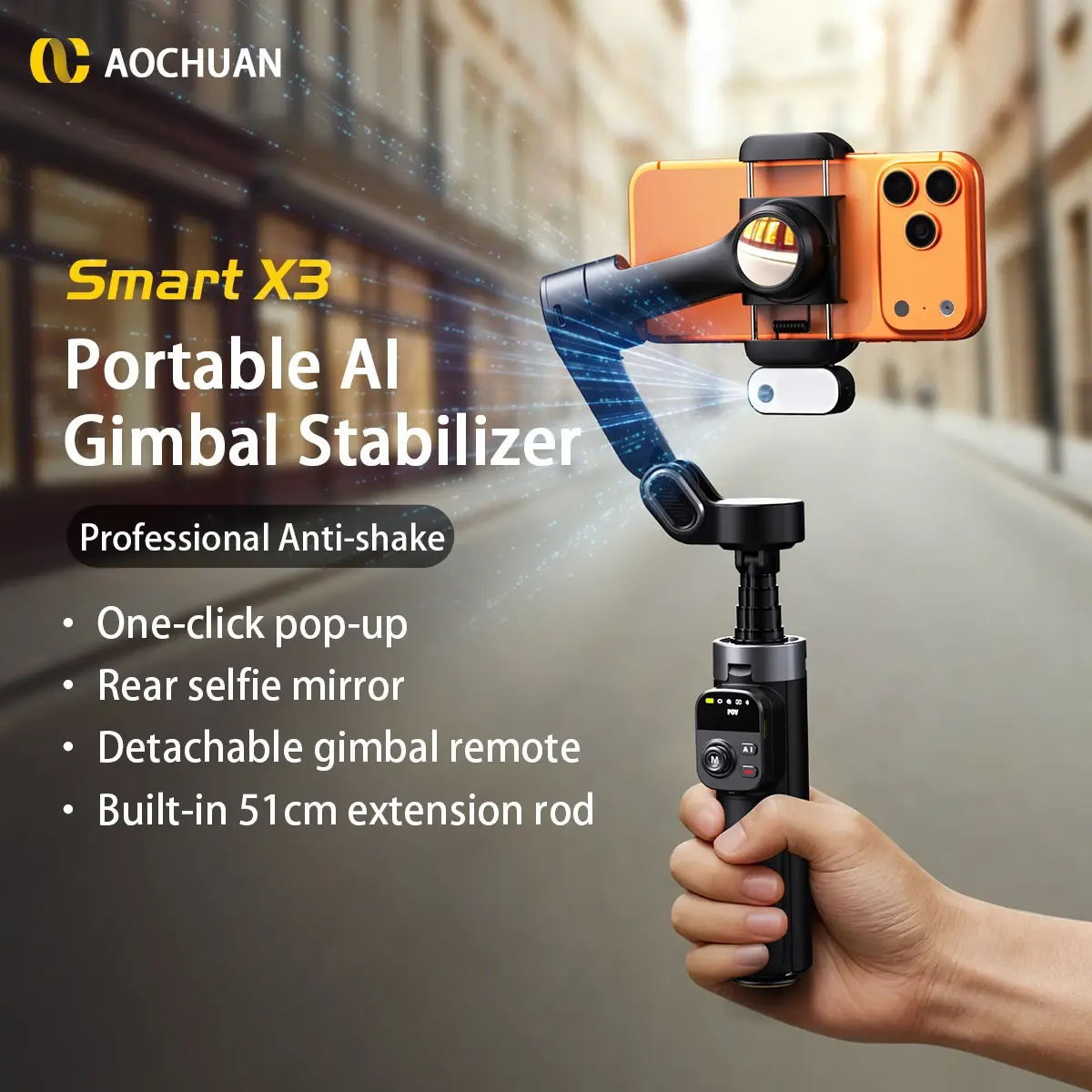 Aochuan estabilizador gimbal portátil inteligente x3 ai rastreamento embutido 51cm haste de extensão para iphone 17 16 15 android vlog tiro