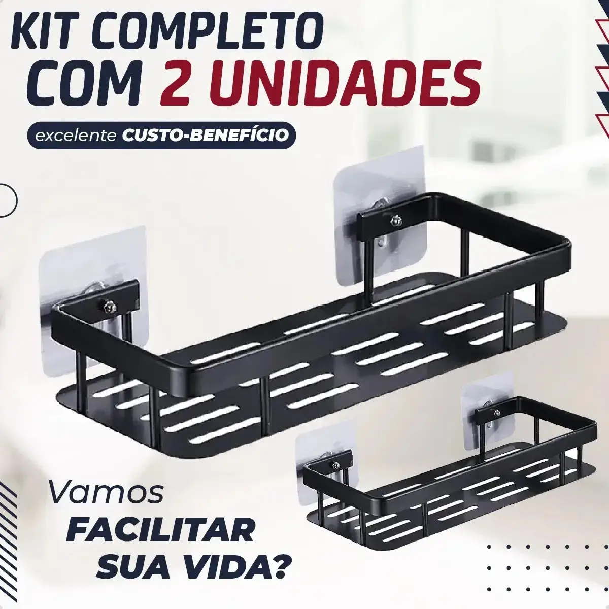 Kit 2 Suporte Porta Shampoo Sabonete Prateleira Banheiro Adesivo Parede Sem Furar Box Luxo Cor Preto Homeroarte thumbnail 2