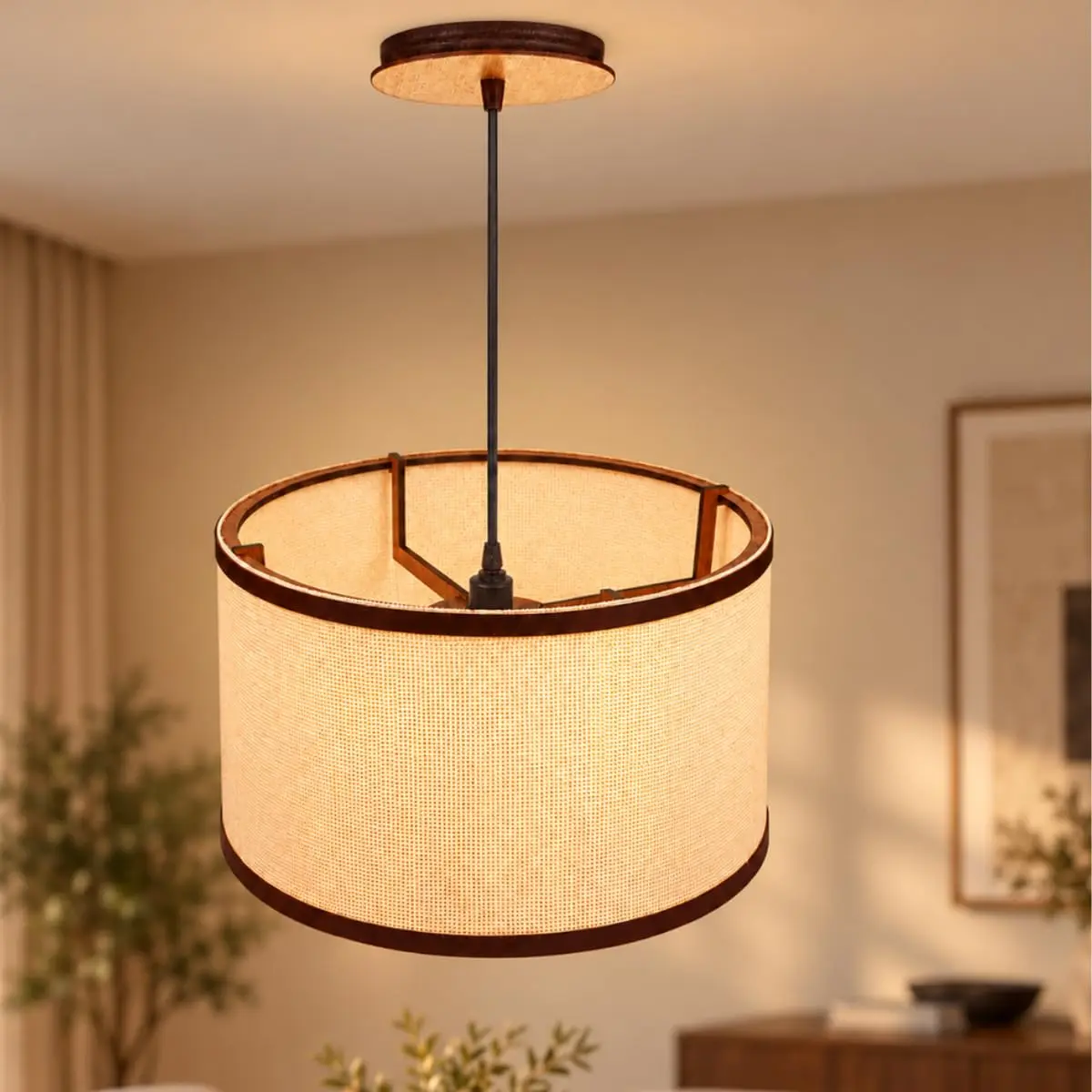 Pendente Luminária Cúpula Bella 40x25cm MDF Tecido Bege E27 Fio 1 metro | Iluminação aconchegante com acabamento elegante