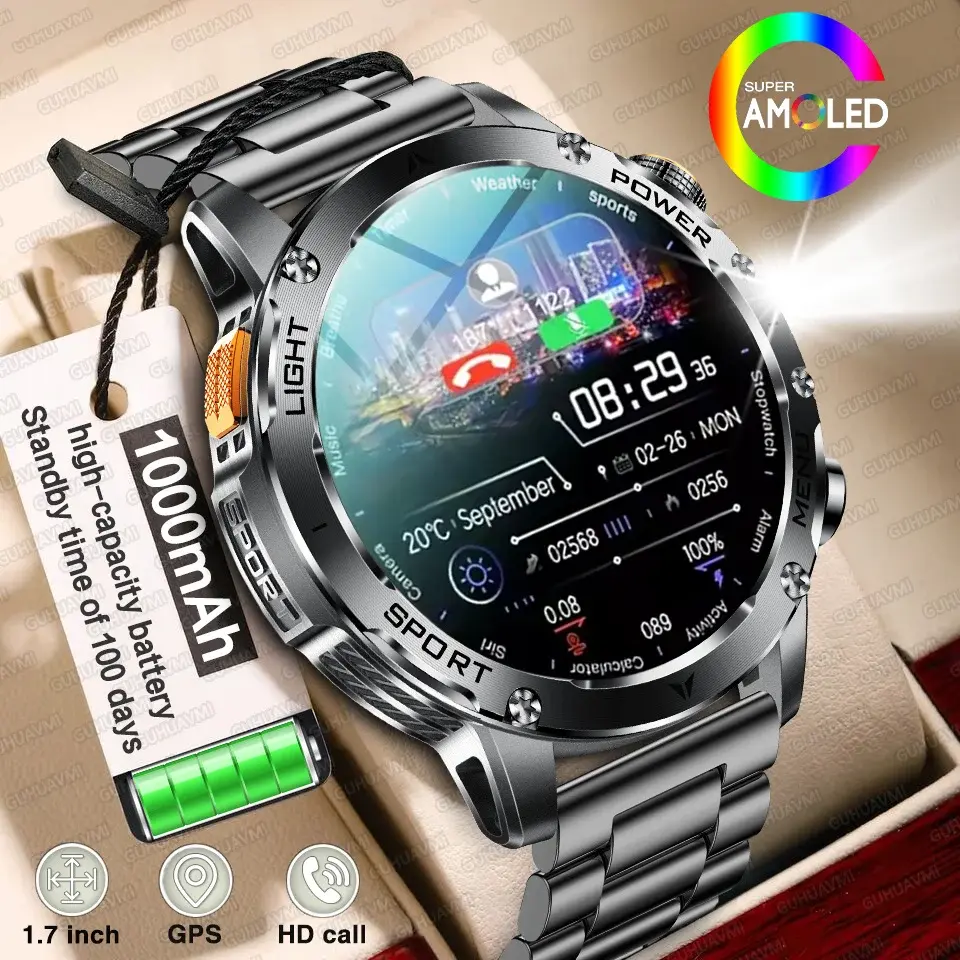 Relógio Inteligente Masculino 2026 com Tela AMOLED de 1,7 polegadas, Bateria de 1000mAh, Monitor de Frequência Cardíaca, Chamada Bluetooth, NFC, Rastreador GPS, Relógios Esportivos de Fitness, Novo