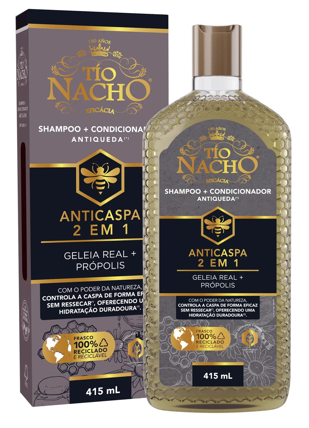 Tío Nacho Shampoo Anticaspa 2 em 1 Antiqueda Natural com Geleia Real e Própolis – Controle da Caspa, Hidratação e Condicionamento Capilar 415ml