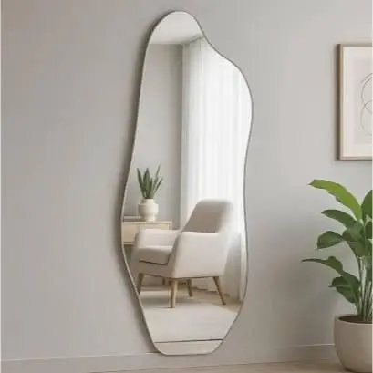 Espelho Orgânico Lapidado 120x50cm 95x40cm Vidro Real Sem Distorção com Suporte Fixo e Opção de LED Moderno para Decoração (120X50 COM SUPORTE)
