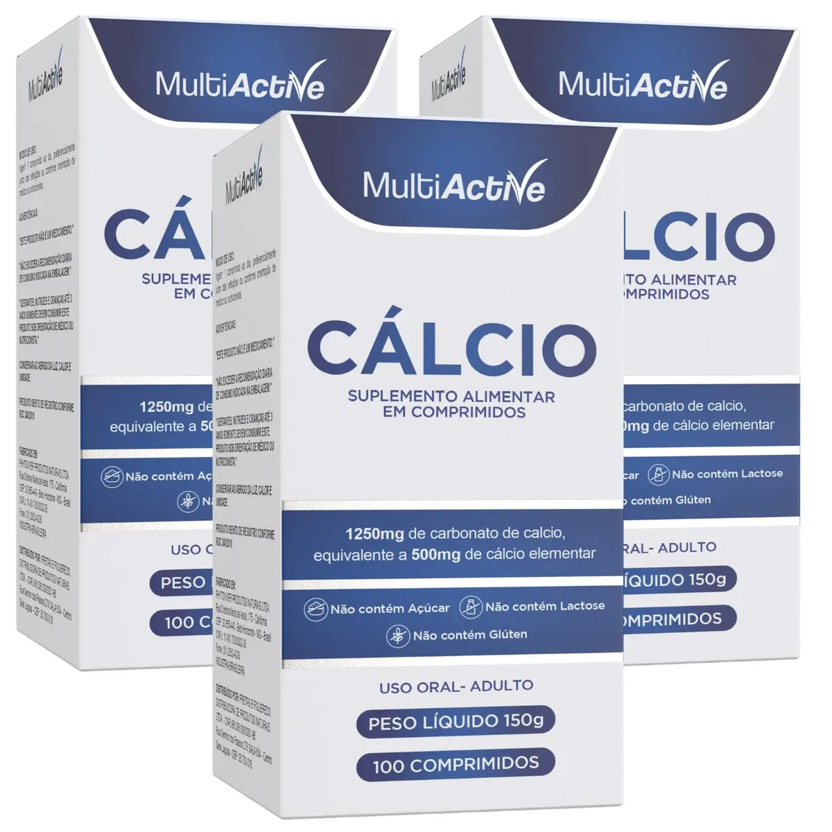 Kit 3 Carbonato de Calcio 500mg 100 Comprimidos Cálcio Elementar Puro Suplemento Mineral Alimentar Alta Concentracao Vegano Reposicao de Calcio Ossos Dentes Musculos Gestantes Idosos Multiactive - 1