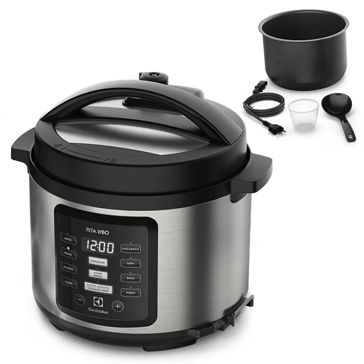 Panela pressão elétrica Electrolux digital capacidade 5L silenciosa segura 10 travas segurança 8 receitas pré-programadas 3 níveis pressão PCC15 inox preto 220v por Rita Lobo