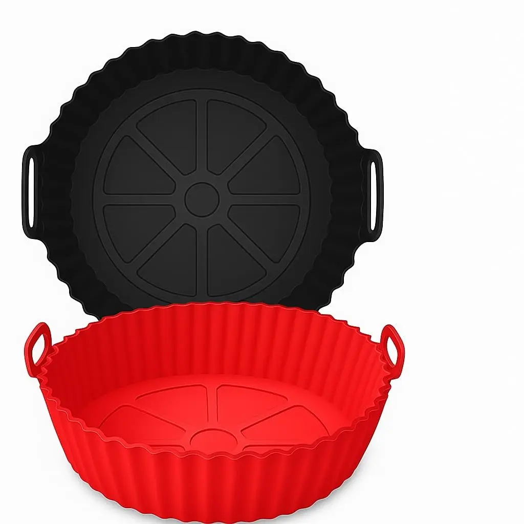 Forma Silicone Air Fryer Redonda 20cm Kit 2un Antiaderente Preto-Vermelho | Atóxico e livre de BPA; resiste ao calor; protege cesto contra gordura - 1