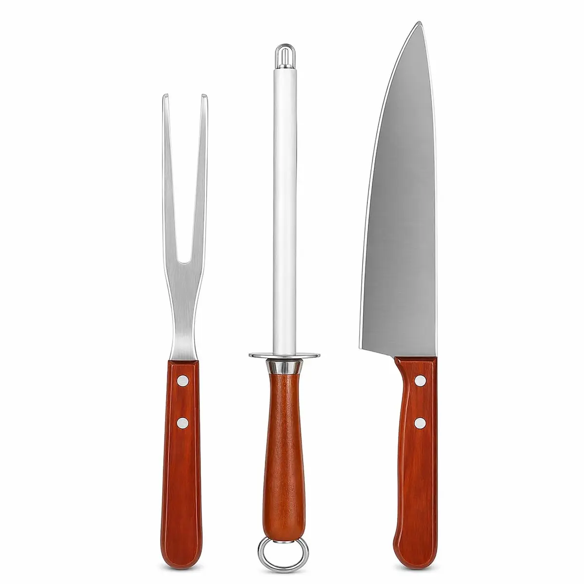 Kit Churrasco 3 Peças Inox e Madeira para Cortar Carne, Grelhar, Assar, Churrasqueira Portátil, Presente Gourmet, Cozinha BBQ