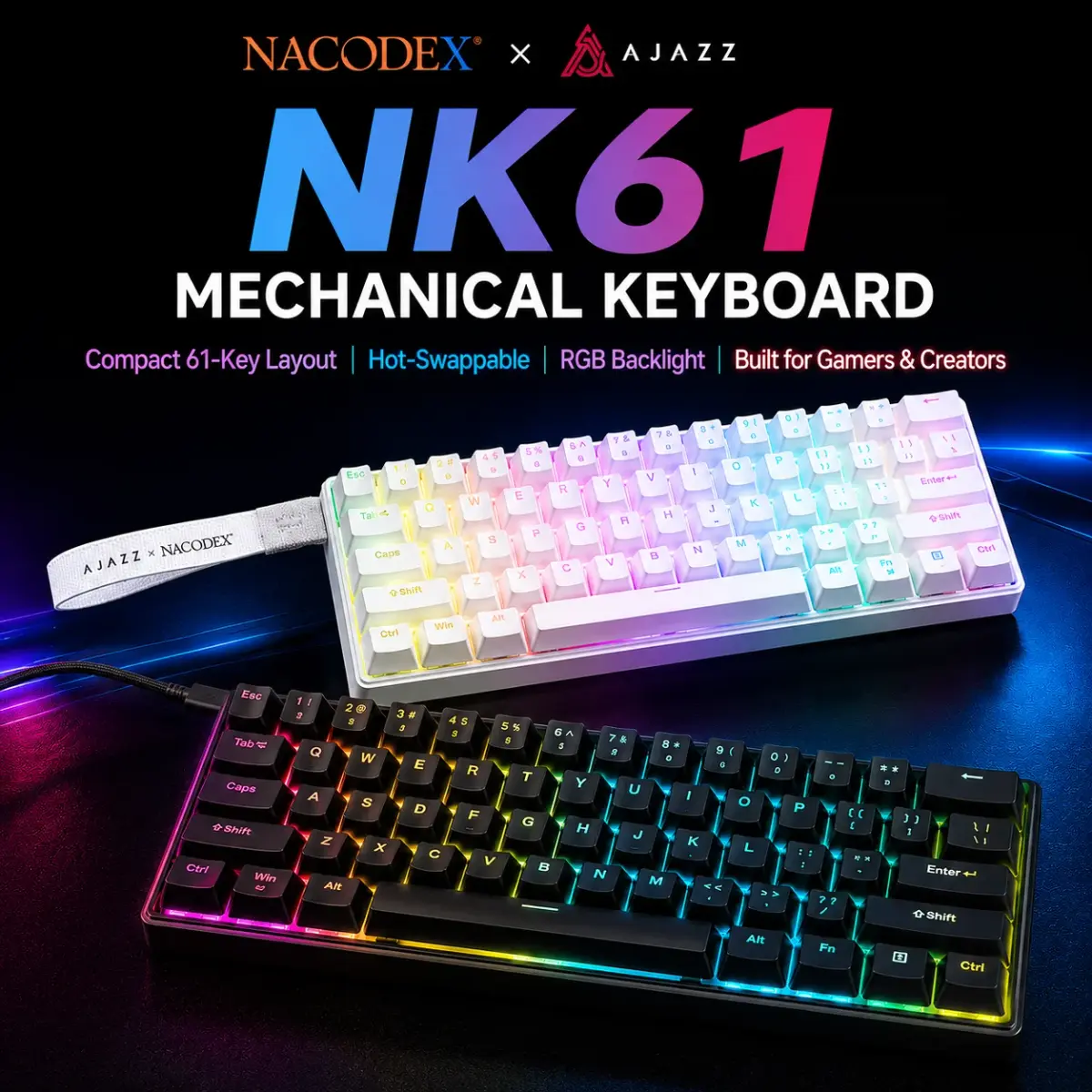 Teclado Mecânico com Fio AJAZZ NK61, 61 Teclas, Compacto 60%, Hot Swappable, Switch Vermelho, Retroiluminado RGB, Portátil para Jogos e Laptops - 1