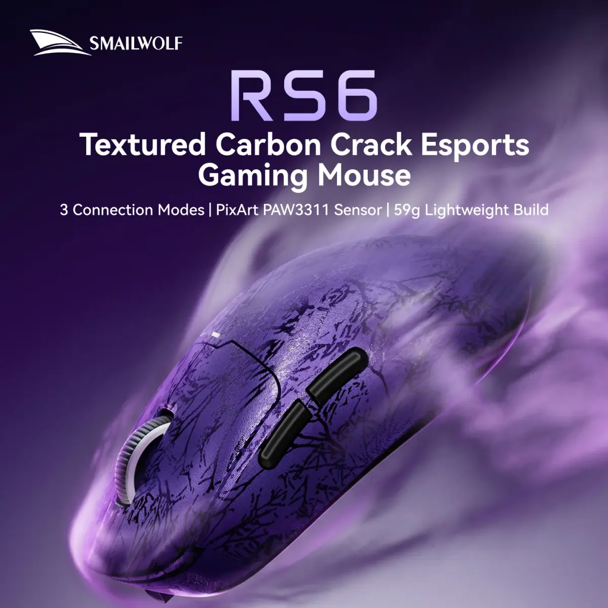 Mouse Gamer Bluetooth SMAILWOLF RS6 PAW3311 2.4G Sem Fio, Recarregável, Leve, Ergonômico