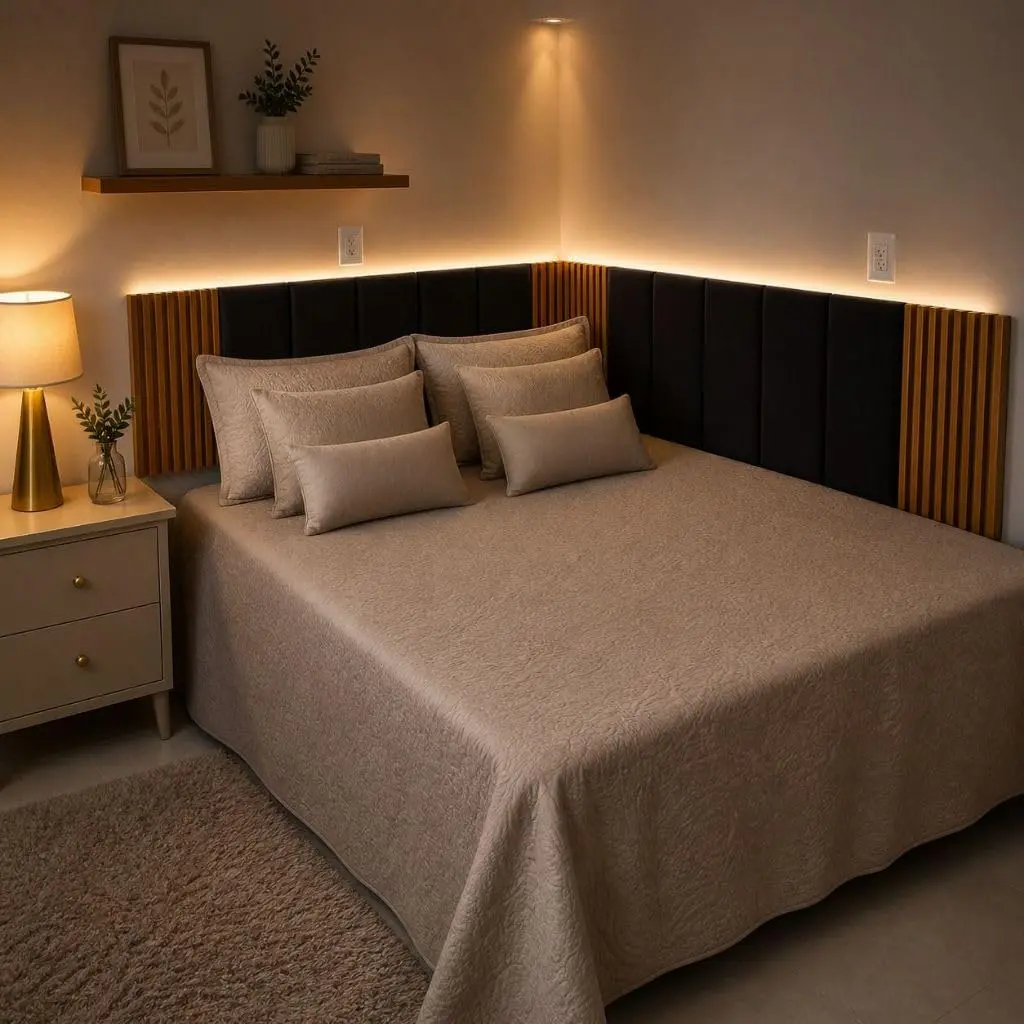 Cabeceira Modular em L com Painel Ripado MDF para Cama Box(PRETO,Cama Queen) - 1