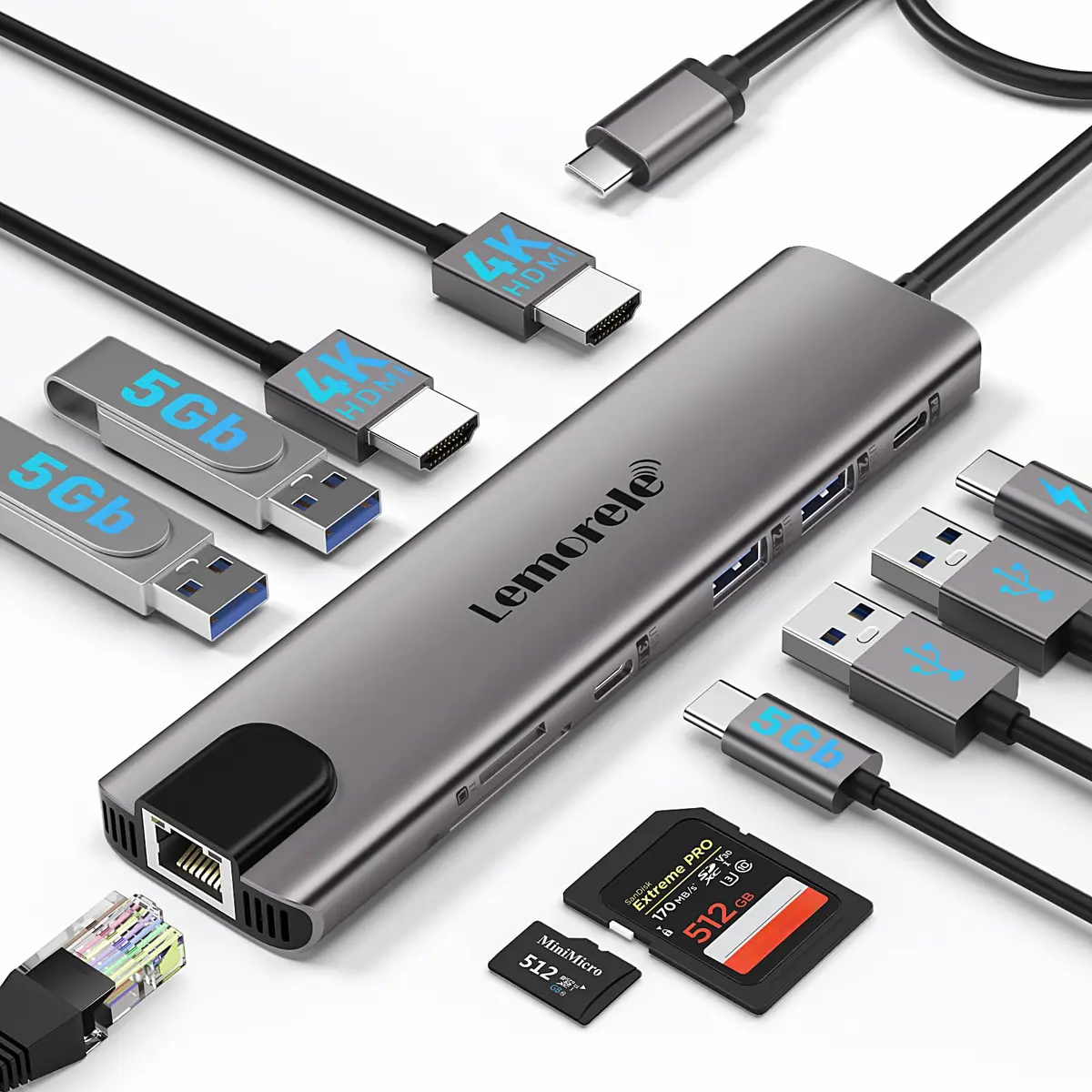 Lemorele Adaptador Hub 11 em 1 USB-C com Saída Dupla HDMI 4K, Ethernet Gigabit, 4 Portas USB 3.0, PD 100W, USB-C e Leitor SD/TF - Plug & Play para MacBook, Yoga, HP, Dell, Acer e outros