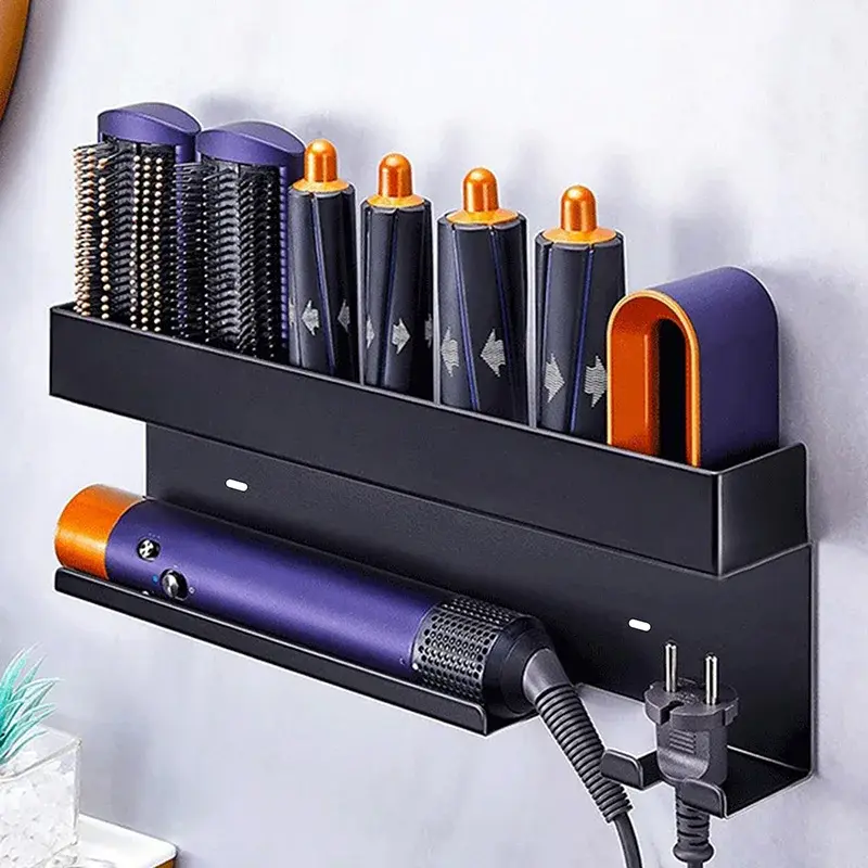 Suporte de parede sem furos para armazenamento de ferramentas de penteados, suporte multifuncional para secador de cabelo e modelador de cachos para banheiro.