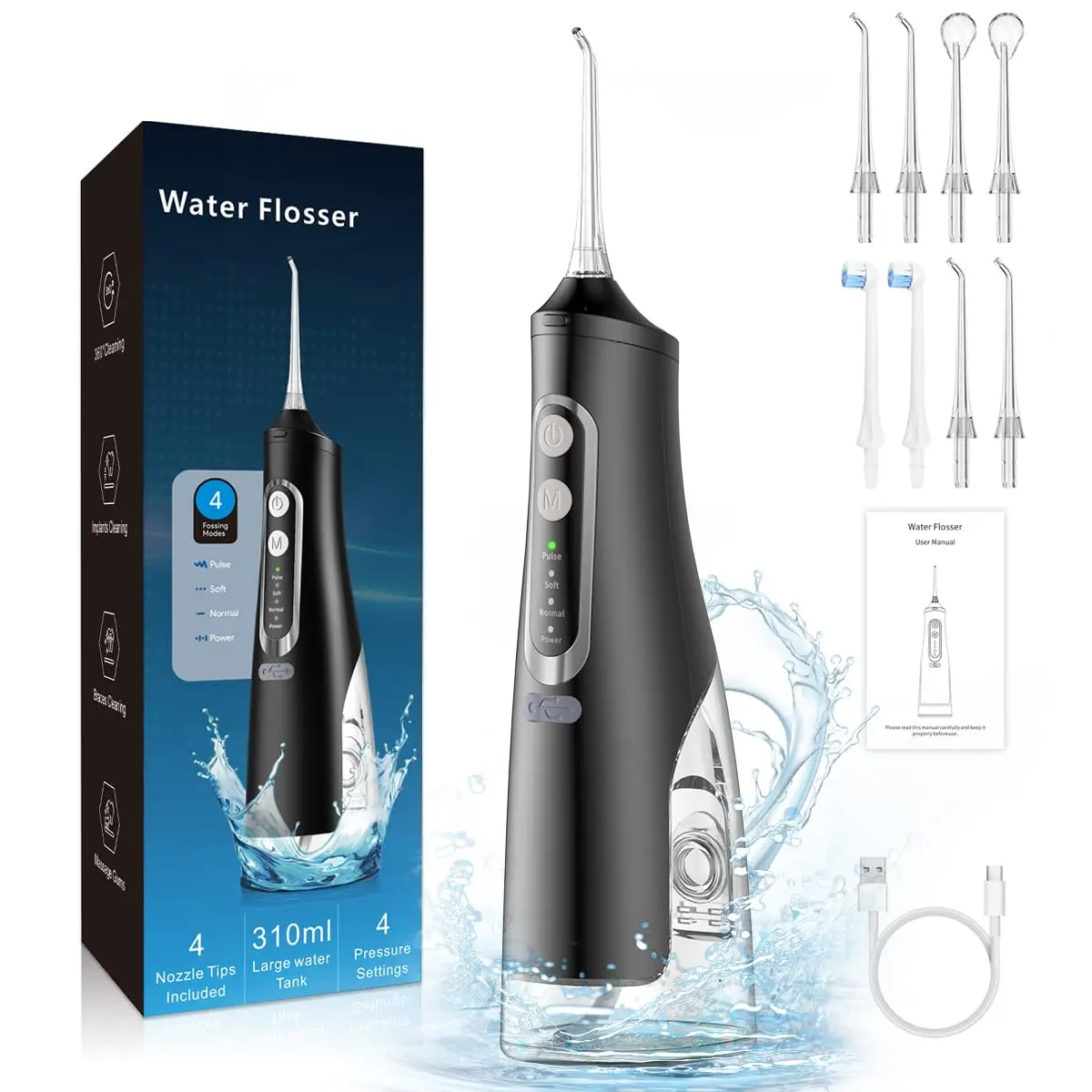 Irrigador Oral Sem Fio 310ml com 4 Modos e USB-C IPX7 Preto | Reservatório de 310ml, 4 Modos de Limpeza, USB-C e Proteção IPX7, Design Portátil e Recarregável para Uso em Casa ou Viagens - 1