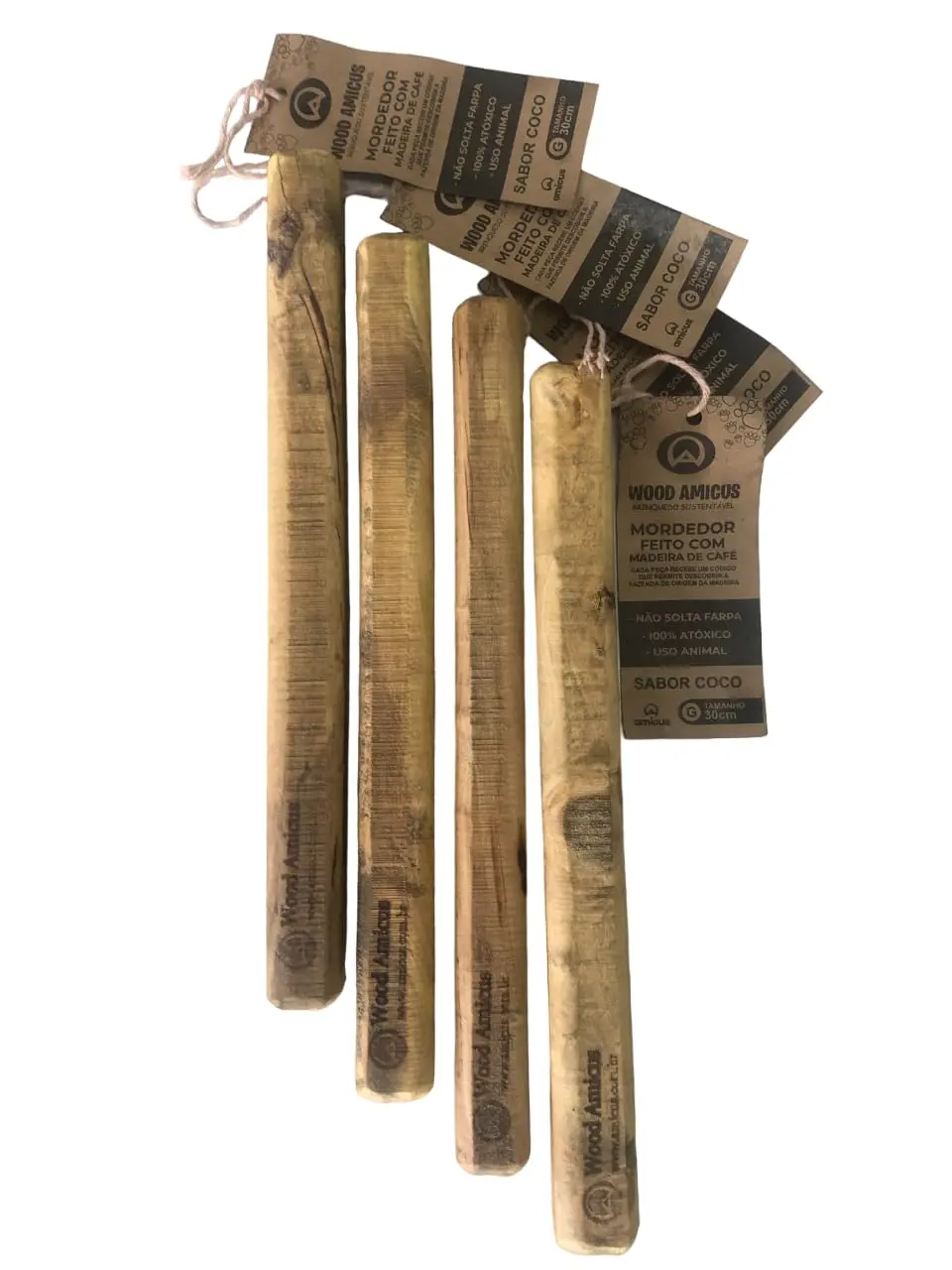 Amicus Mordedor Brinquedo Sustentável de Madeira do Café Kit Wood Amicus Tamanho G para Cães, 4 unidades de 30cm