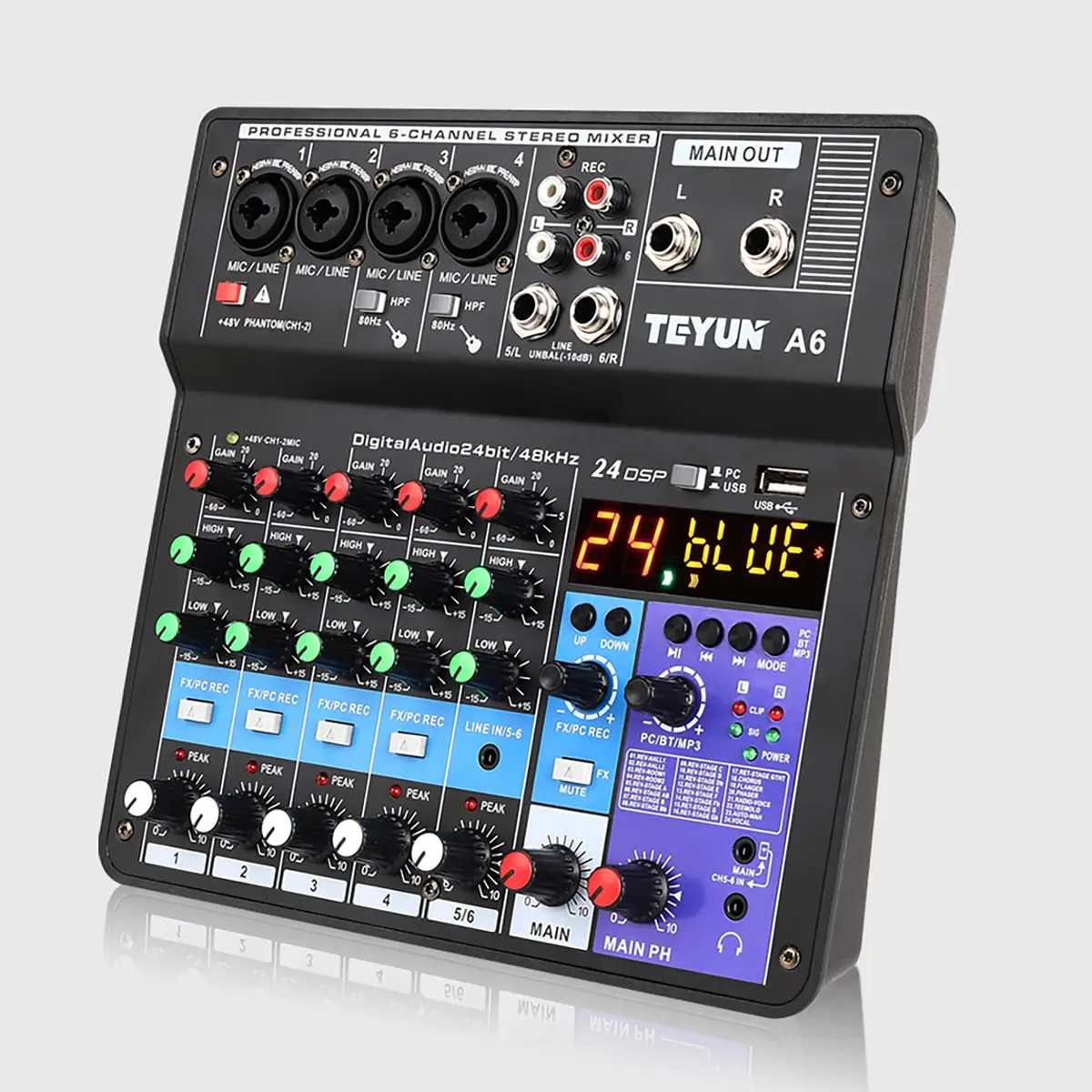 Mesa de mixagem profissional de 6 canais,mixer de placa de som Com Bluetooth,com 24 Efeitos DSP,entrada USB para PC e alimentação fantasma de 48V para música,podcasts e produção musical - 1