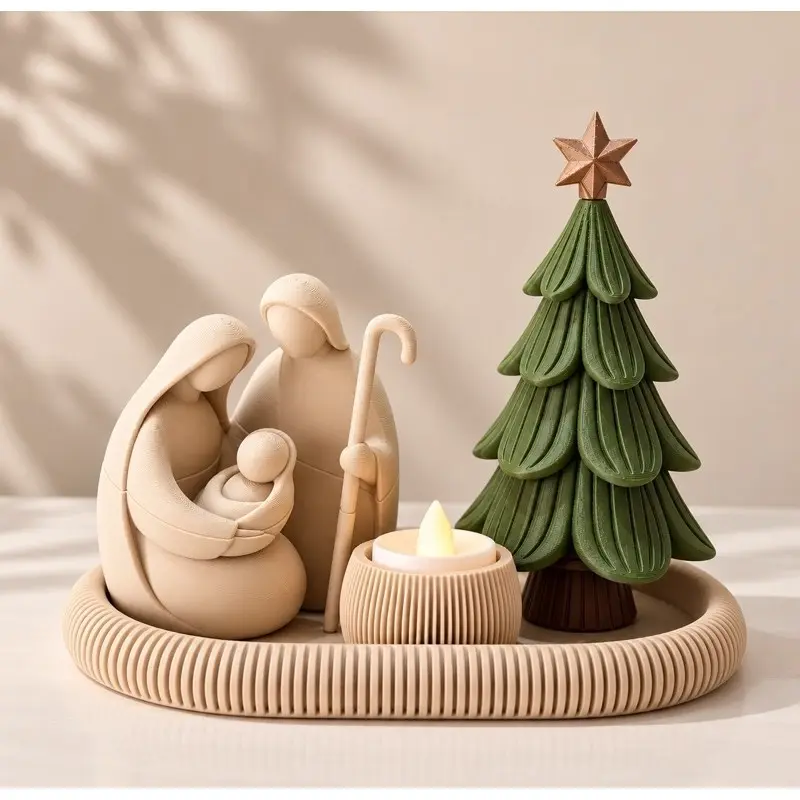 Presépio de Natal Sagrada Família com Árvore de Natal e Bandeja Decorativa 3D - 1