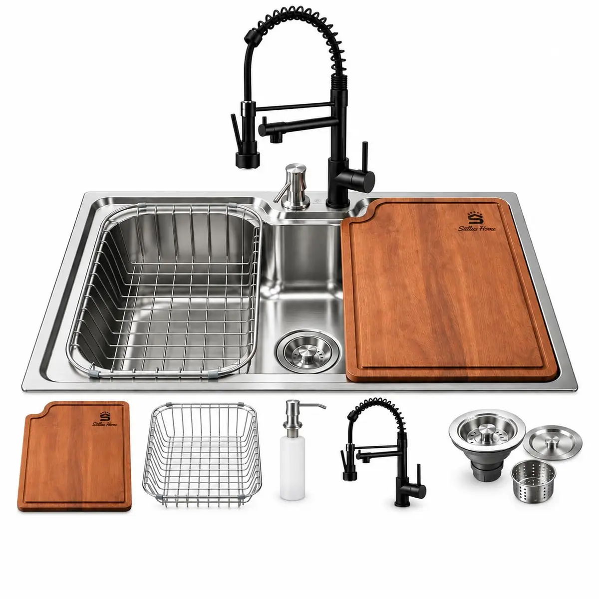 Cuba Gourmet para Cozinha Aço Inox 304 50x40cm com Torneira Monocomando, Tábua de Corte, Cesto Escorredor, Dispenser e Válvula Kit Completo