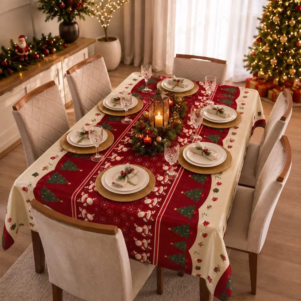 Toalha de Mesa Natal 2,00x1,40 Decoração Para Mesa 6 Cadeiras Oxford Com Bainha