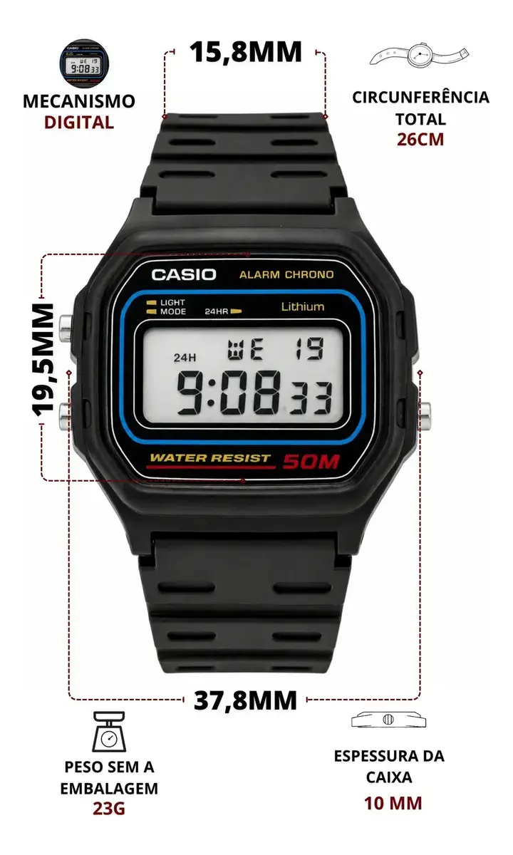 Relógio Digital Casio W-59 50m à Prova d'Água thumbnail 10