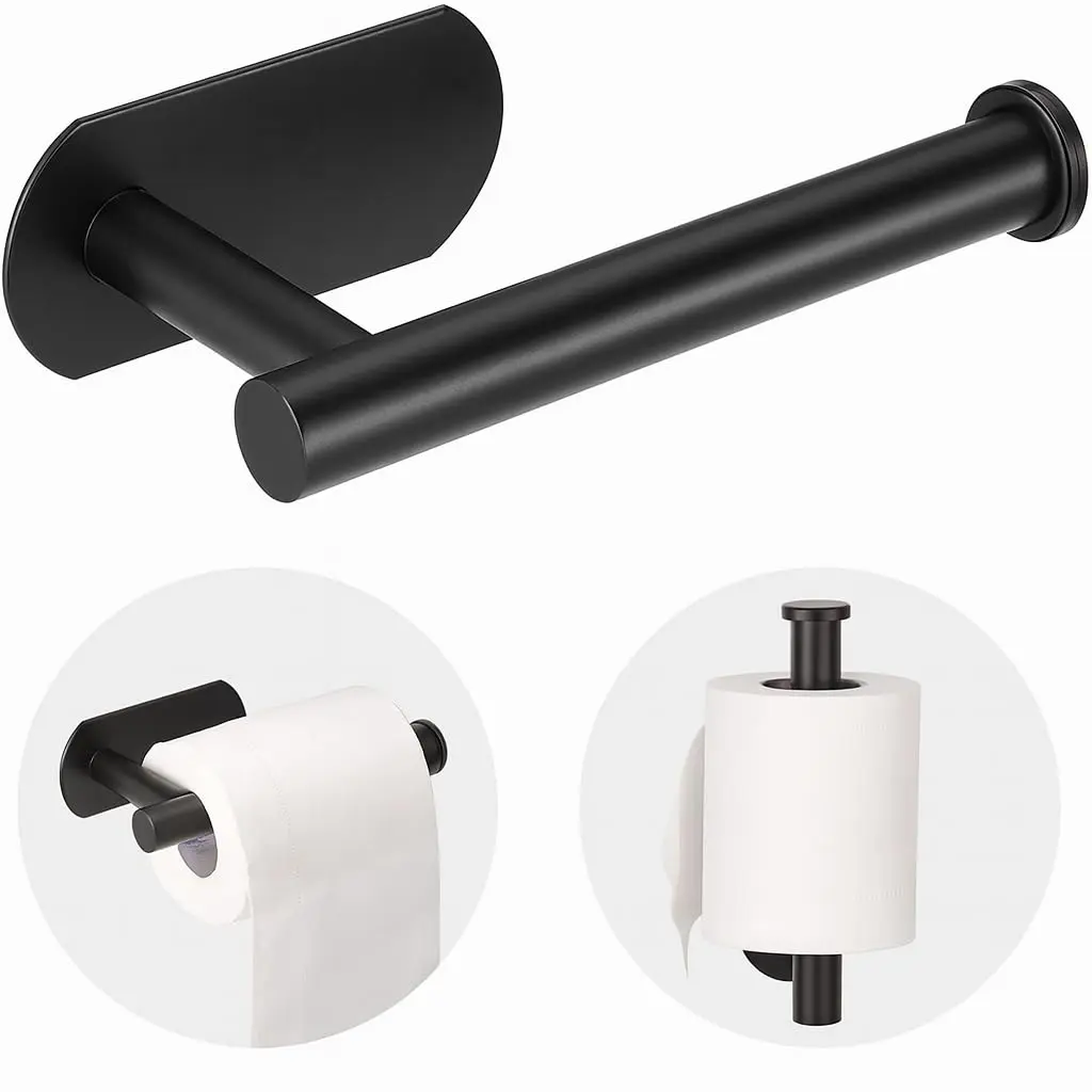 Porta Papel Higiênico Adesivo Premium em Aço Inox – Sem Furos, Fixação Forte, Antiferrugem, Acabamento Preto Fosco Moderno para Banheiro, Cozinha e RV