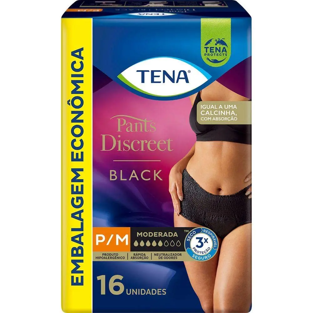 Tena Pants Discreet Calcinha Descartável Preta P/M 16 unidades