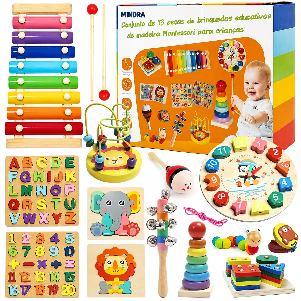 Brinquedo Montessori de Madeira Sensorial Infantil (13 em 1) | Inclui piano, labirinto, relógio, formas e engrenagens para estimular coordenação motora e aprendizagem infantil. - 1