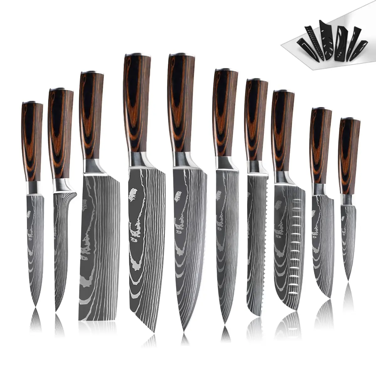 Conjunto de Facas de Cozinha 10 Peças, Aço Inox, Cabo Madeira Preto