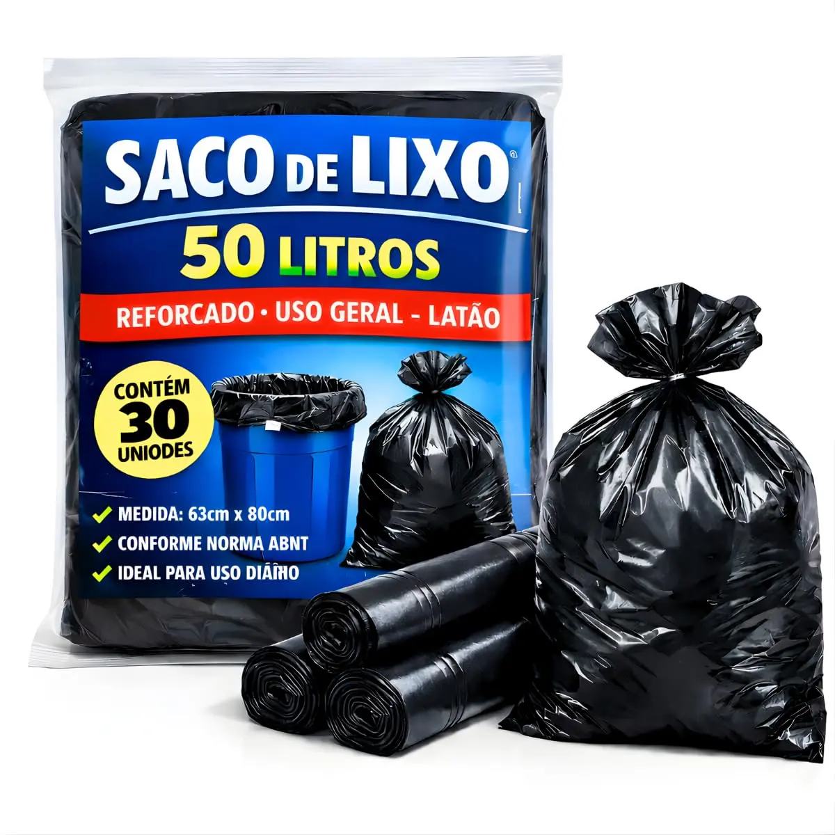 SACO DE LIXO PRETO 50 LITROS REFORÇADO C/ 30 UNIDADES, UTILIZAÇÃO EM TAMBOR, CASA, COMÉRCIO, EMPRESA E USO GERAL, TAMANHO ABNT - 1