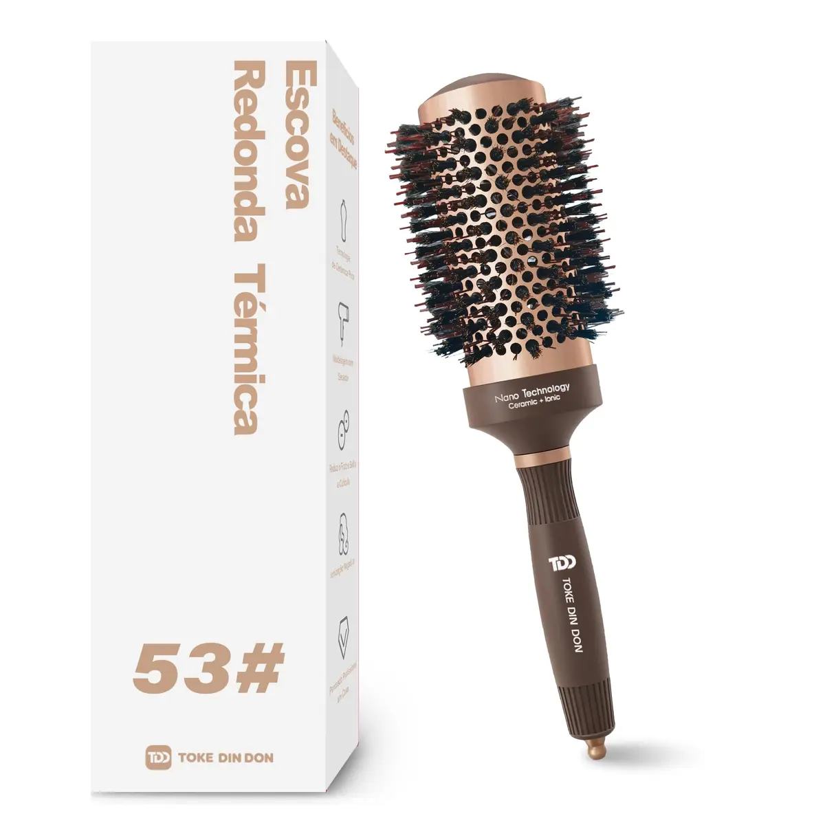 TOKE DIN DON Escova Redonda Modeladora Cerâmica Térmica (Thermal) 53mm | Profissional, para Modelar e Alinhar com Secador, Cerdas de Javali, 82mm Externo, Efeito Salão, Volume e Brilho, Marrom - 1