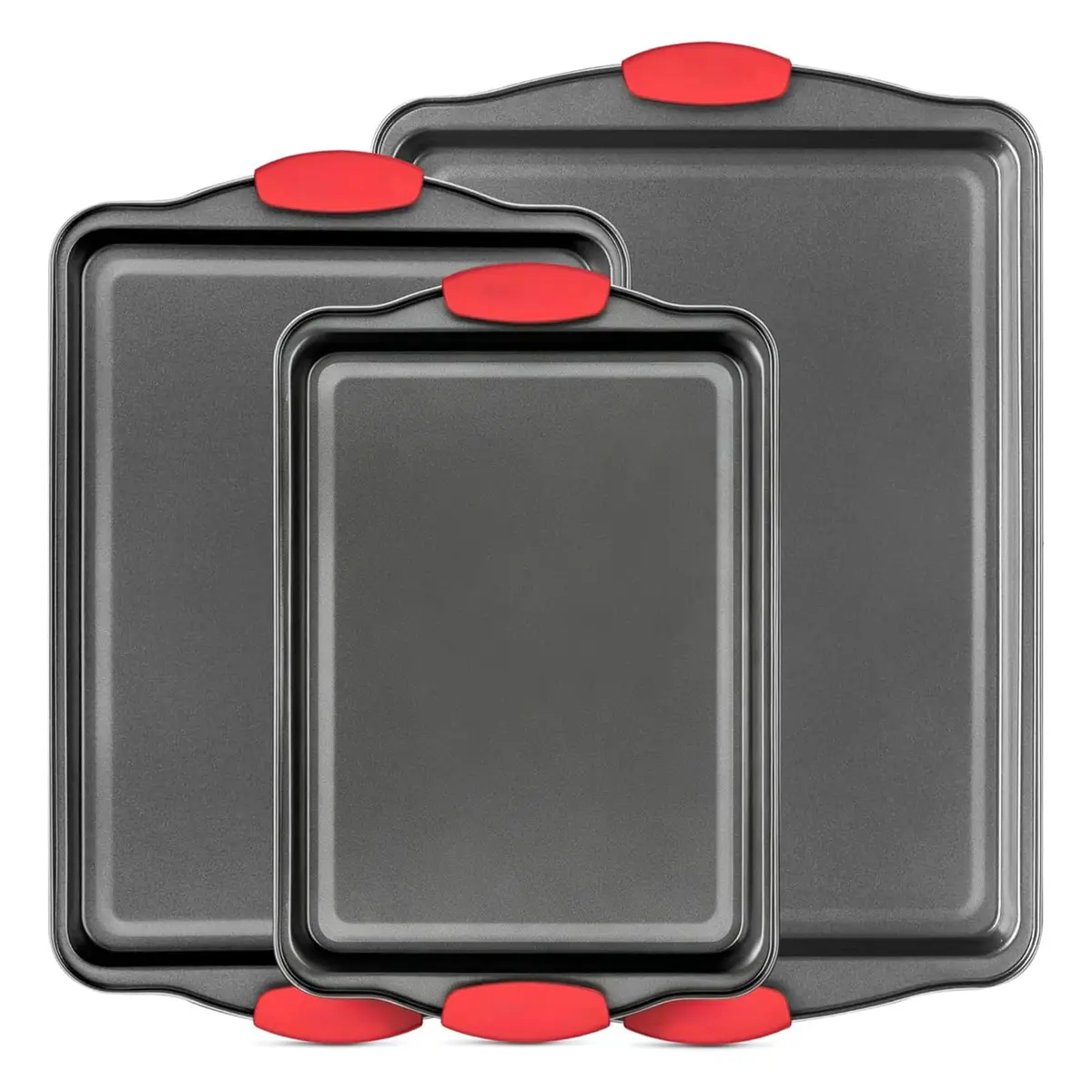 Kit 3 Assadeiras Antiaderentes para Forno, Aço Inoxidável, de Qualidade Profissional para Restaurantes, com Alças de Silicone Vermelhas - 1