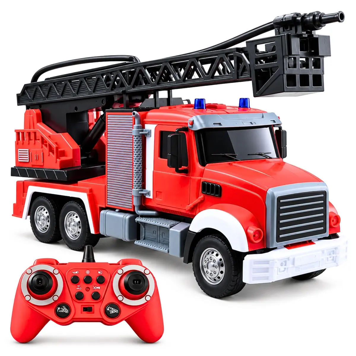 Caminhão Bombeiro Controle Remoto Jato Água Luz Som Grande | RC, Infantil, Resgate, Incêndio, Escada, Bateria Recarregável, 11 Funções, Buzina, Motorizado, Presentes, Menino, Escala 1:12