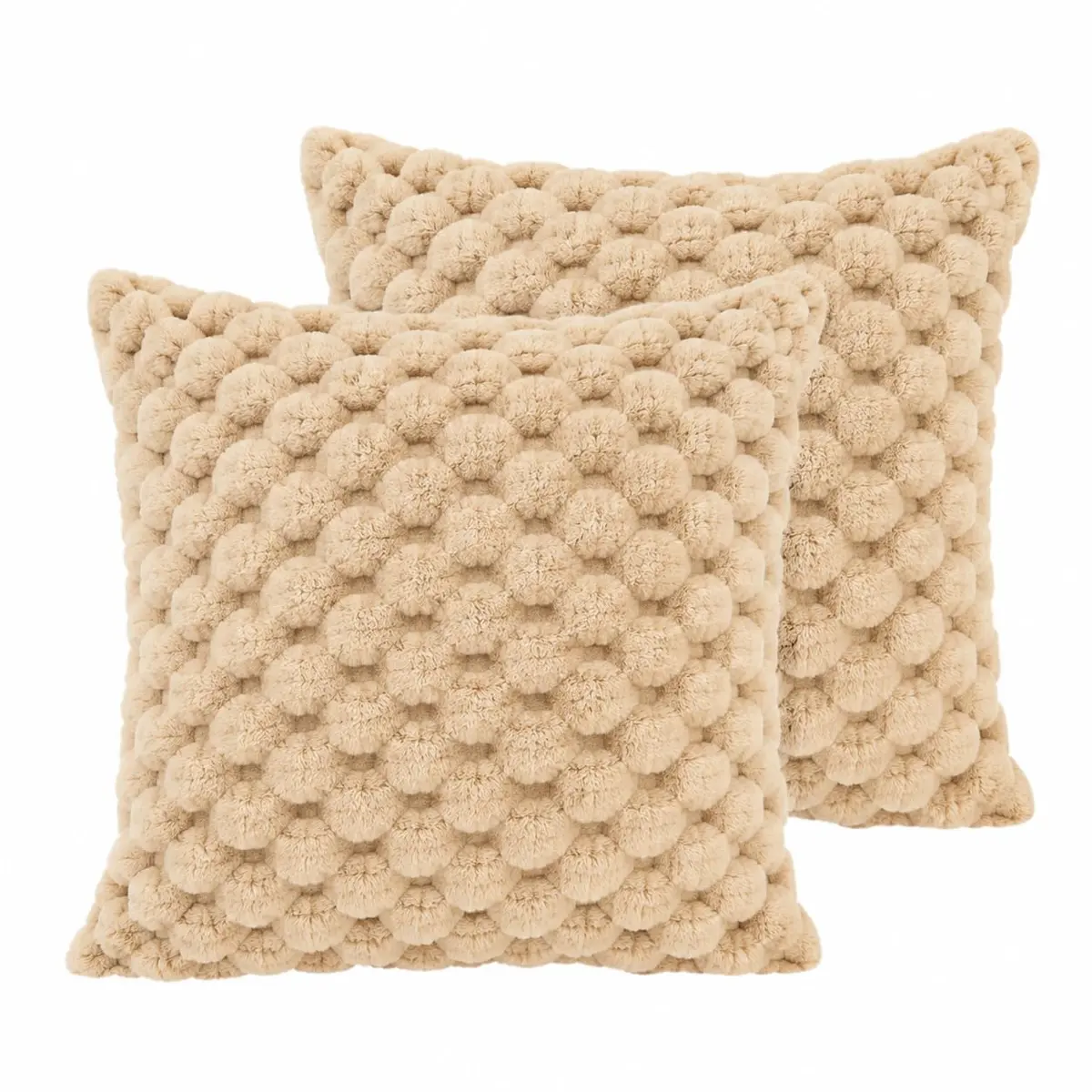 Capa de Almofada, Kit com 2 Capas Decorativas em Pelúcia, Plush, Luxuoso, Toque Suave, Desenhos em Relevo, Sala - Casa e Decoração (3D - Bege Claro)