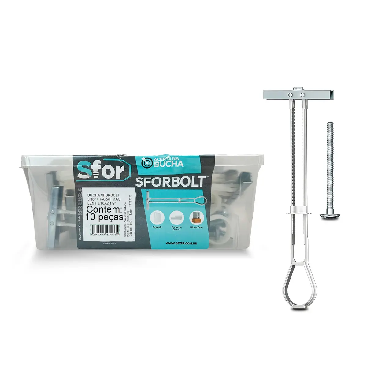 SFOR - Kit de Fixação com Bucha Sforbolt 3/16" e Parafuso - 20 Peças (10 Buchas + 10 Parafusos) - Ideal para Instalações em Gesso, Drywall, Tijolo e Bloco Oco