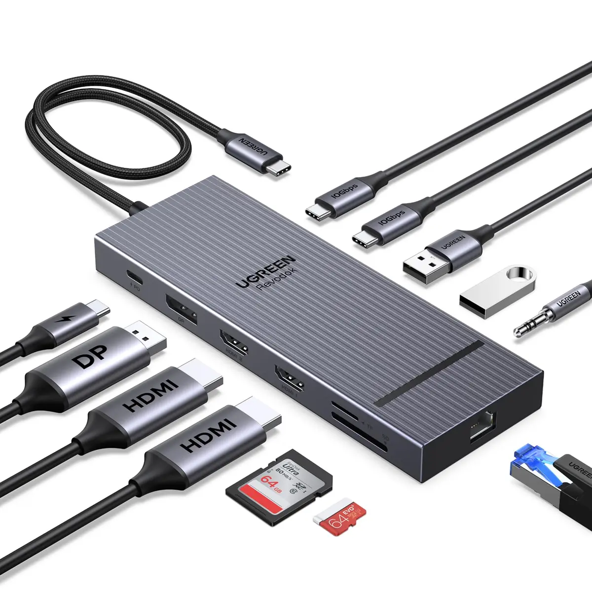 UGREEN Revodok Pro Hub USB C Dock Station 12 em 1 com Dual HDMI e DP | 4K@144Hz, USB-C 10Gbps, Ethernet 1000Mbps, Leitor de Cartão SD TF 170 MB/s, Áudio 3,5 mm, PD 100W, Compatível com DELL e HP - 1