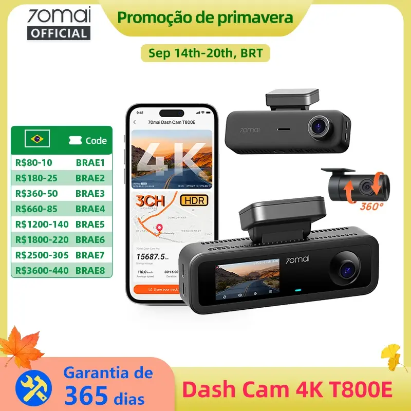 Câmera Veicular 3 em 1 70mai T800E com 3 Canais, 4K HDR f/1.55, GPS Integrado, Controle por Voz e Modo de Estacionamento 24H com Supercapacitor - 1